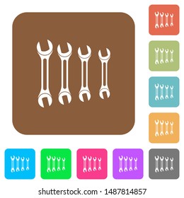 Set of wrenches flat icons on rounded square vivid color backgrounds.