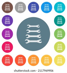 Set of wrenches flat white icons on round color backgrounds. 17 background color variations are included.