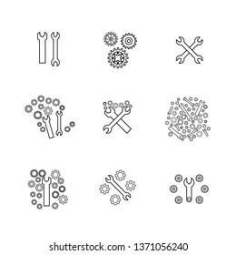 Set of wrenches and gears or settings icons on white background