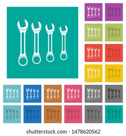 Set of wrenches multi colored flat icons on plain square backgrounds. Included white and darker icon variations for hover or active effects.
