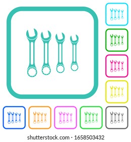 Set of wrenches vivid colored flat icons in curved borders on white background