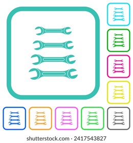 Set of wrenches vivid colored flat icons in curved borders on white background