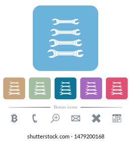 Set of wrenches white flat icons on color rounded square backgrounds. 6 bonus icons included