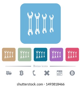 Set of wrenches white flat icons on color rounded square backgrounds. 6 bonus icons included