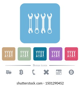 Set of wrenches white flat icons on color rounded square backgrounds. 6 bonus icons included