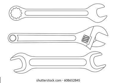 Set of wrenches. White outline icons. Vector illustration isolated on white background