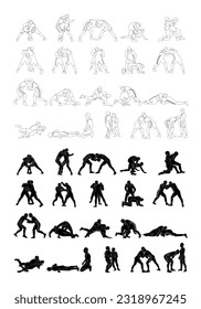 Set of wrestlers silhouettes. Image of greco roman wrestling, martial art, sportsmanship