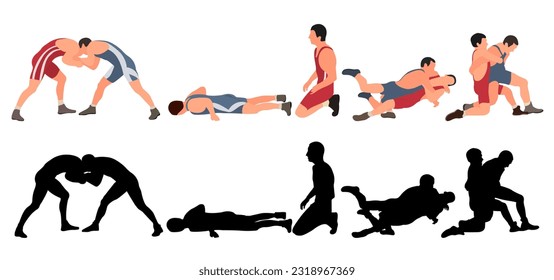 Set of wrestlers silhouettes. Image of greco roman wrestling, martial art, sportsmanship