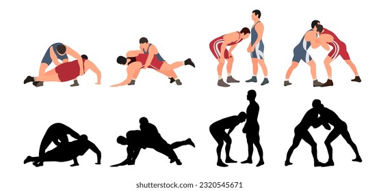 Set of wrestlers silhouettes. Image of greco roman wrestling, martial art, sportsmanship