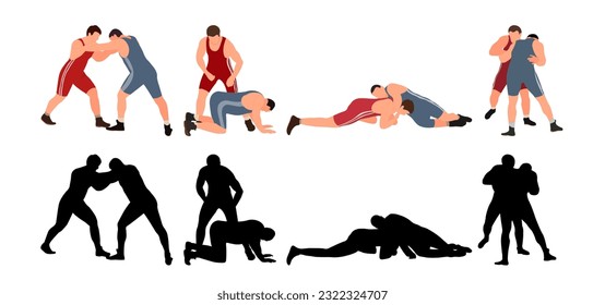 Set of wrestlers silhouettes. Image of greco roman wrestling, martial art, sportsmanship