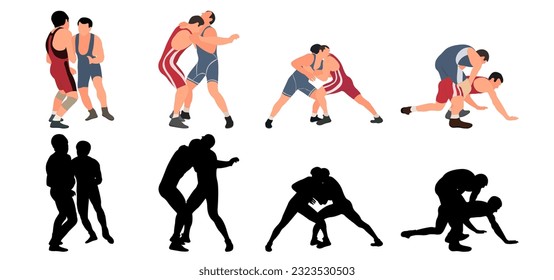 Set of wrestlers silhouettes. Image of greco roman wrestling, martial art, sportsmanship