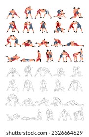 Set of wrestlers silhouettes. Image of greco roman wrestling, martial art, sportsmanship
