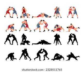 Set of wrestlers silhouettes. Image of greco roman wrestling, martial art, sportsmanship