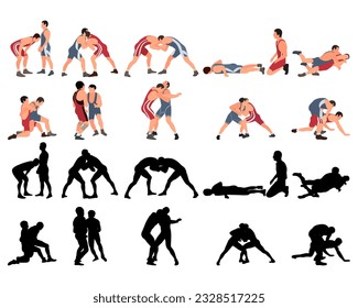 Set of wrestlers silhouettes. Image of greco roman wrestling, martial art, sportsmanship