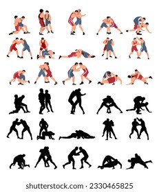 Set of wrestlers silhouettes. Image of greco roman wrestling, martial art, sportsmanship