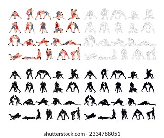 Set of wrestlers silhouettes. Image of greco roman wrestling, martial art, sportsmanship
