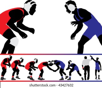 Set of wrestling action silhouette illustrations