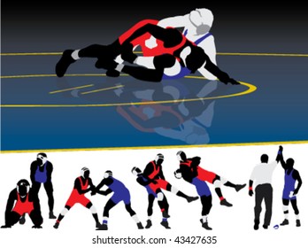 Set of wrestling action silhouette illustrations