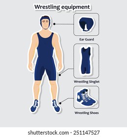 Set Of Wrestling Equipment With Man. Singlet, Shoes And Ear Guard.