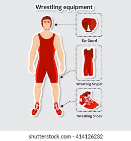 Set of wrestling equipment with man. Singlet, shoes and ear guard.