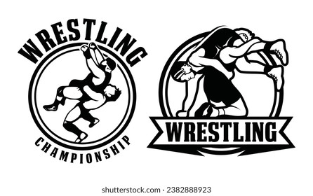 Set wrestling logo design template. Wrestling sport championship badge logo illustration.