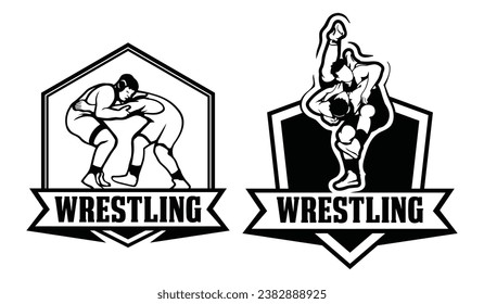 Set wrestling logo design template. Wrestling sport championship badge logo illustration.