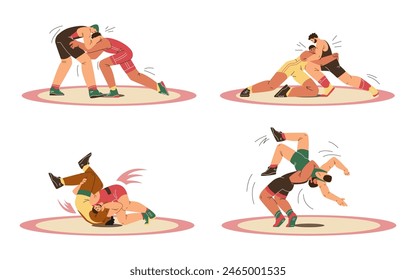 Conjunto de hombres de lucha libre en estilo plano anillo, Ilustración vectorial aislada sobre fondo blanco. Elementos de diseño decorativos, deporte, competición y campeonato, personajes atléticos