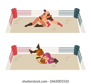 Set of wrestling people in masks in ring flat style, vector illustration isolated on white background. Decorative design element, sport, competition and championship, athletic characters