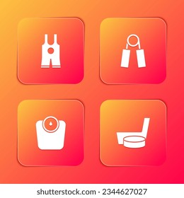 Set Wrestling singlet, Sport expander, Bathroom scales and Ice hockey stick puck icon. Vector