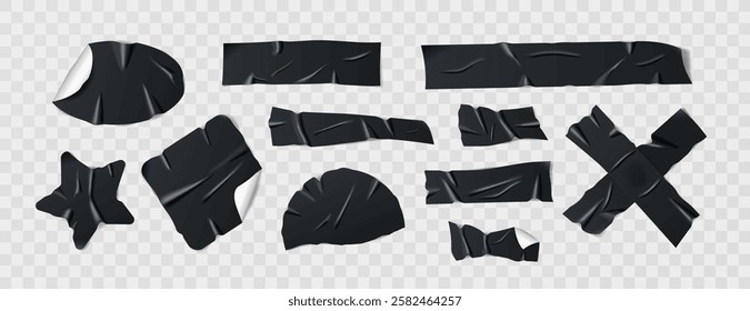 Set of wrinkled black duct tape, adhesive tape, or sticky paper strips. Isolated elements in various shapes on background. Collection of realistic tape pieces for collages and creative designs. Vector