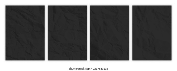 Conjunto de papel negro arrugado en formato A4. Láminas vacías de papel con sombra para afiches y pancartas. Ilustración del vector