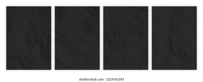 Set of wrinkled black paper in A4 format. Crumpled empty sheets of paper with shadow for posters and banners. Vector illustration