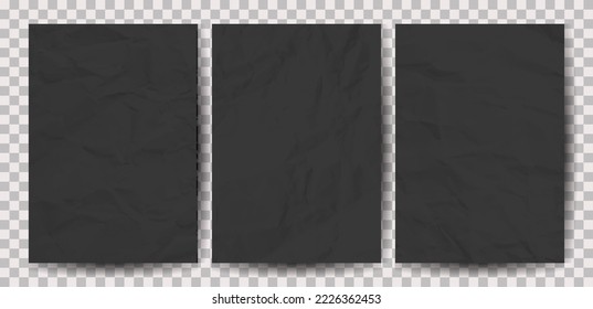 Set of wrinkled black paper in A4 format. Crumpled empty sheets of paper with shadow for posters and banners. Vector illustration