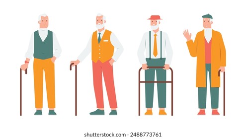 Set of wrinkled rich senior retirees businessman standing with strolls walking support equipment concept illustration