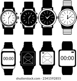 Set of wrist watch black icon illustration. Watch silhouettes