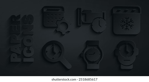 Set Wrist watch, Calendar winter, Magnifying glass with clock, Clock, Time to sleep and settings icon. Vector