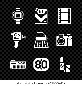 Set Wrist watch, Cigarettes pack box, Play Video, Music synthesizer, 80s Retro, Lipstick, cinema camera and typewriter icon. Vector