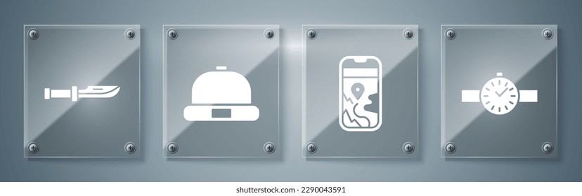 Set Wrist watch, City map navigation, Beanie hat and Camping knife. Square glass panels. Vector