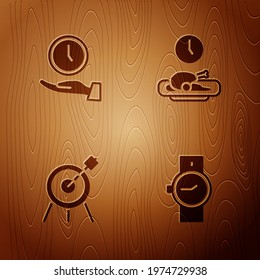 Set Wrist watch, Clock, Target sport and Food time on wooden background. Vector