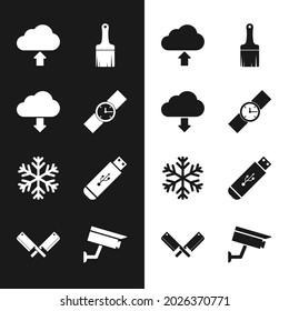 Set Wrist watch, Cloud download, upload, Paint brush, Snowflake and USB flash drive icon. Vector