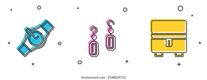 Set Wrist watch, Earrings and Jewelry box icon. Vector