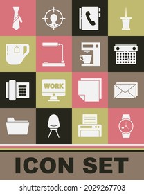 Set Wrist watch, Envelope, Calendar, Address book, Table lamp, Cup of tea with tea bag, Tie and Coffee machine icon. Vector