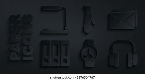 Set Wrist watch, Envelope, Office folders, Headphones, Tie and Table lamp icon. Vector