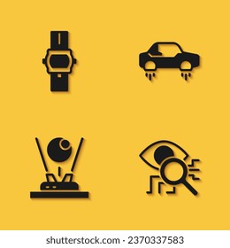 Establecer reloj de pulsera, escaneo ocular, holograma e icono de coche volador fantástico con sombra larga. Vector