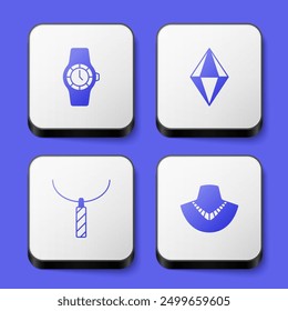 Set Wrist watch, Gem stone, Pendant necklace and Necklace mannequin icon. White square button. Vector