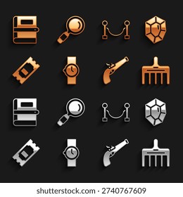 Set Wrist watch, Gem stone, Hairbrush, Vintage pistol, Cinema ticket, Rope barrier, Book and Magnifying glass icon. Vector