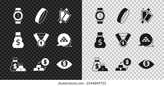 Set Wrist watch, Gold ring, bars, Bag of gold, exchange money, Eye with dollar, Old bag and medal icon. Vector