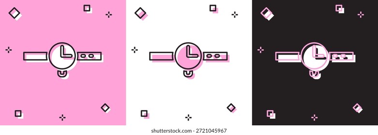 Conjunto de icono de reloj de pulsera aislado en rosa y blanco, fondo negro. Icono de reloj de pulsera.  Vector