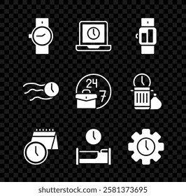 Set Wrist watch, Laptop time, Smartwatch, Calendar and clock, Time sleep, Management, flies on the and Always busy icon. Vector