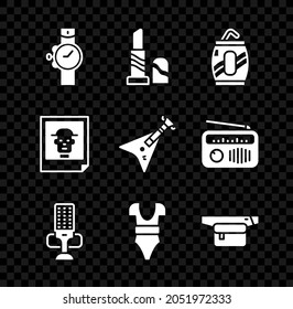 Set Wrist watch, Lipstick, Soda can with straw, Microphone, Swimsuit, Waist bag of banana, Photo and Electric bass guitar icon. Vector